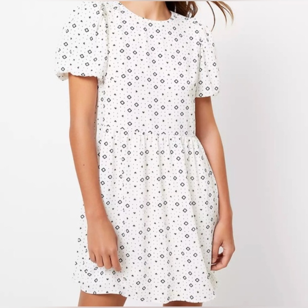 Loft White Puff Sleeve Dress with Black Pattern